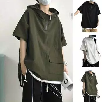 Мужская летняя футболка с капюшоном, накладным карманом и молнией, негабаритная, однотонная, мешковатая с короткими рукавами, уличная одежда средней длины, спортивная толстовка в стиле хип-хоп M чёрный