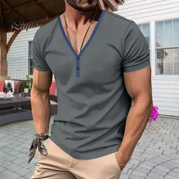 Мужская летняя футболка с короткими рукавами, застегивающаяся на пуговицы, V-образный вырез, контрастный цвет, облегающий повседневный пуловер средней длины для занятий спортом на открытом воздухе M вино красного