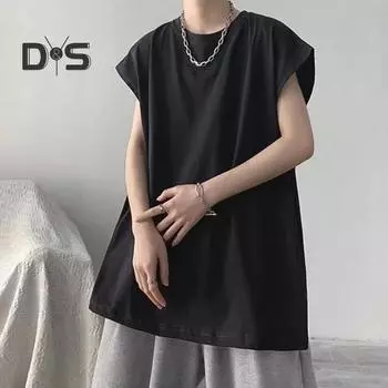 Мужская летняя футболка с круглым вырезом без рукавов, свободная однотонная футболка размера плюс средней длины, повседневная мягкая дышащая пуловер, спортивная майка M чёрный