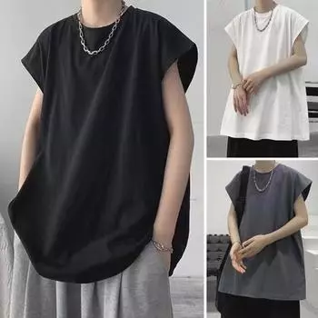 Мужская летняя футболка с круглым вырезом без рукавов, свободная однотонная футболка размера плюс средней длины, повседневная мягкая дышащая пуловер, спортивная майка L темно-серого