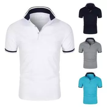 Мужская летняя футболка с отложным воротником, коротким рукавом и пуговицами, свободный крой, мягкий дышащий однотонный деловой стиль, летний топ средней длины M темно-синий