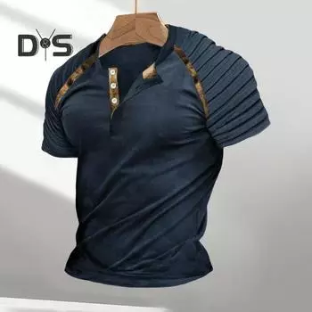 Мужская летняя футболка с плиссированной пуговицей на плече и круглым вырезом, облегающий пуловер в стиле ретро, эластичный пуловер средней длины, повседневная одежда, повседневный топ M армия зеленый