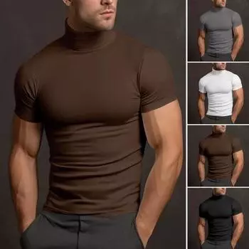 Мужская летняя футболка с полувысоким воротником, облегающая, эластичная, однотонная, с короткими рукавами, базовый слой, топ для ежедневного занятия спортом, занятий в спортзале M серый