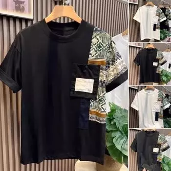 Мужская летняя футболка с принтом в стиле пэчворк, короткий рукав, круглый вырез, нагрудный карман, свободный пуловер, одинаковых цветов, повседневная жизнь M чёрный