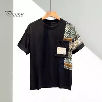 Мужская летняя футболка с принтом в стиле пэчворк, короткий рукав, круглый вырез, нагрудный карман, свободный пуловер, одинаковый цвет, повседневная повседневная одежда, топ M чёрный