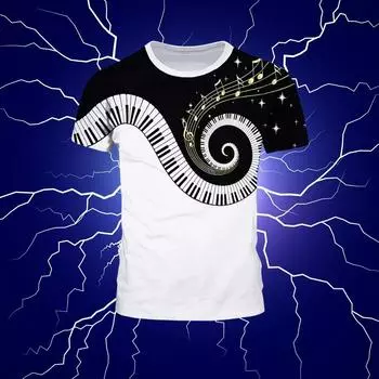 Мужская летняя футболка с рисунком фортепианной партитуры и музыкальным символом, 3D-принт, креативная модная футболка с круглым вырезом, свободная, повседневная, большого размера, с коротким рукавом S