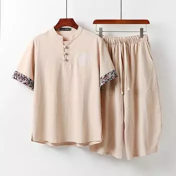 Мужская летняя футболка с тонкими пуговицами, льняной костюм с короткими рукавами, модный китайский стиль, мужской хлопок и лен, комплект из двух предметов с воротником-стойкой в стиле ретро XXL абрикосовый