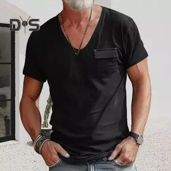 Мужская летняя футболка с V-образным вырезом и короткими рукавами, сплошной цвет, эластичный нагрудный карман, тонкий быстросохнущий простой стиль, повседневная одежда, спортивный топ M белый