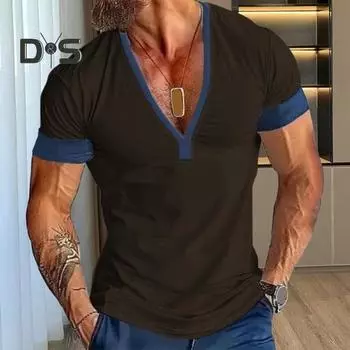 Мужская летняя футболка с v-образным вырезом одинакового цвета с короткими рукавами, пуловер средней длины, повседневная одежда, повседневный офисный топ, спортивная одежда XXXL серый