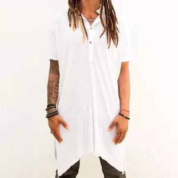 Мужская летняя футболка с V-образным вырезом и короткими рукавами, неровный край, средняя длина, чистая M белый