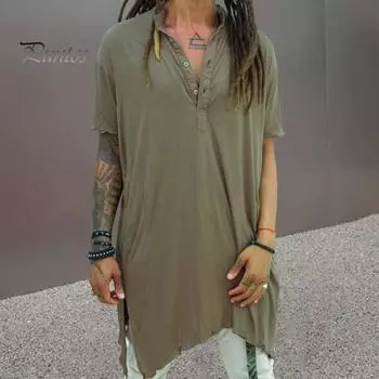 Мужская летняя футболка с V-образным вырезом и короткими рукавами, неровными краями, средней длины, однотонная свободная уличная рубашка на пуговицах для повседневной носки в клубе M белый