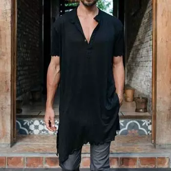 Мужская летняя футболка с V-образным вырезом и короткими рукавами, неровными краями, средней длины, однотонная свободная уличная рубашка на пуговицах для повседневной носки в клубе M армия зеленый