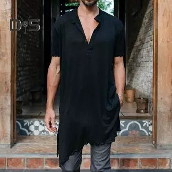 Мужская летняя футболка с V-образным вырезом и короткими рукавами, неровными краями, средней длины, однотонная свободная уличная рубашка на пуговицах для повседневной носки в клубе M белый