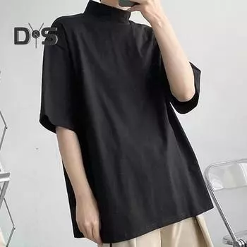 Мужская летняя футболка с воротником-стойкой, свободный пуловер с половиной рукавом, однотонная повседневная мягкая дышащая футболка на каждый день XL чёрный