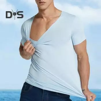 Мужская летняя футболка, сплошной цвет, бесшовный ледяной шелк, V-образный вырез, короткие рукава, мягкий дышащий пуловер, спортивный деловой повседневный мужской офисный топ XL темно-синий