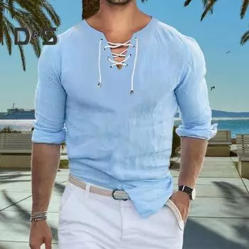 Мужская летняя футболка сплошной цвет на шнуровке с V-образным вырезом с длинными рукавами винтажная мягкая дышащая приталенная пуловер средней длины спортивный повседневный мужской пляжный топ S синий