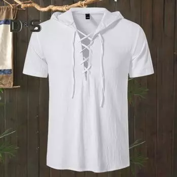 Мужская летняя футболка сплошной цвет на шнуровке с V-образным вырезом с капюшоном и короткими рукавами Мягкий дышащий приталенный пуловер Спортивный деловой повседневный мужской пляжный топ M хаки