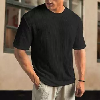 Мужская летняя футболка сплошной цвет с круглым вырезом с короткими рукавами Мягкий дышащий эластичный свободный пуловер Спортивный деловой повседневный мужской спортивный офисный топ L небесно-голубой