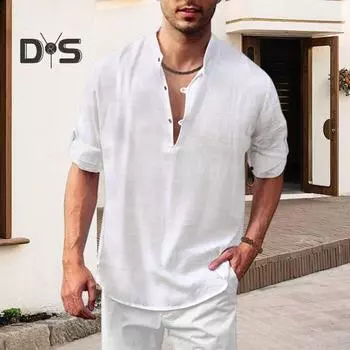 Мужская летняя футболка Сплошной цвет с V-образным вырезом Полуоткрытый воротник с длинными рукавами Винтаж Мягкий дышащий свободный пуловер Средней длины Спортивный повседневный мужской пляжный топ L белый