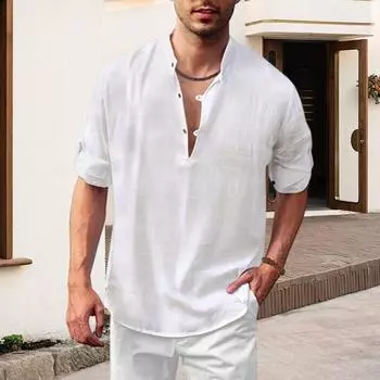 Мужская летняя футболка сплошной цвет с V-образным вырезом с полуоткрытым воротником и длинными рукавами винтажный мягкий дышащий свободный пуловер средней длины спортивный повседневный мужской пляжный топ L темно-синий