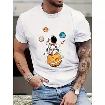 Мужская летняя футболка свободного размера из 100% хлопка с принтом астронавта и планеты из мультфильма, облегающая повседневная спортивная футболка с круглым вырезом и короткими рукавами 3XL