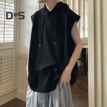 Мужская летняя футболка, свободный однотонный жилет с капюшоном и завязками, свитер средней длины, повседневный, без рукавов, дышащий, мужской топ L чёрный