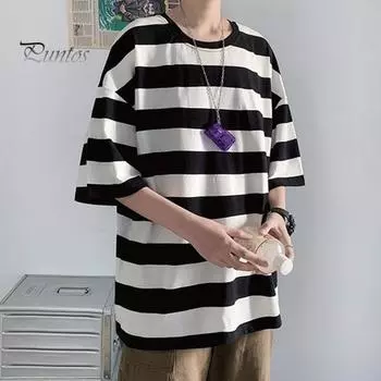 Мужская летняя футболка в полоску подходящего цвета с короткими рукавами и круглым вырезом, свободная повседневная одежда в японском стиле, уличная одежда для подростков, весенний топ M жёлтый