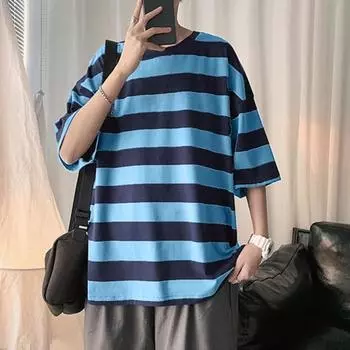 Мужская летняя футболка в полоску подходящего цвета с короткими рукавами и круглым вырезом, свободная повседневная одежда в японском стиле, уличная одежда для подростков, весенний топ L чёрный
