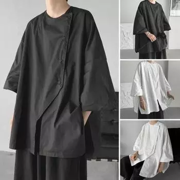 Мужская летняя футболка в стиле хип-хоп, однотонная, с рукавом три четверти, нерегулярный дизайн, негабаритный, сохраняющий прохладу, пуловер с круглым вырезом, осенне-весенний топ, мужская одежда M чёрный