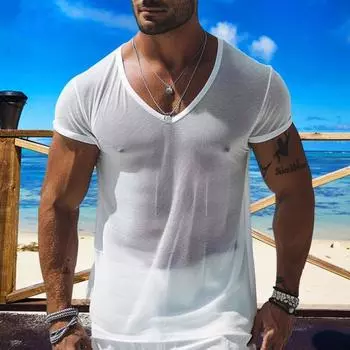 Мужская летняя футболка Yousheng с сеткой и короткими рукавами, V-образным вырезом, хорошей воздухопроницаемостью, для отдыха на пляже, однотонный пуловер средней длины, спортивная футболка для фитнеса M белый
