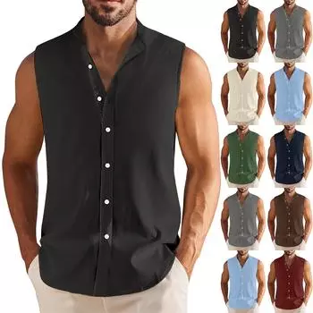 Мужская летняя гавайская однотонная рубашка без рукавов на пуговицах L чёрный