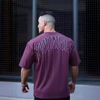 Мужская летняя хлопковая футболка свободного кроя с круглым вырезом в спортивном стиле Medium темно-фиолетового