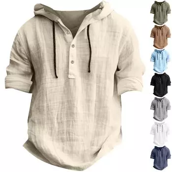 Мужская летняя хлопковая конопляная хлопковая тонкая повседневная однотонная свободная куртка с капюшоном и коротким рукавом XXXL кофейный