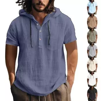 Мужская летняя хлопковая конопляная хлопковая тонкая повседневная однотонная свободная куртка с капюшоном и коротким рукавом XXXL тёмно-синий