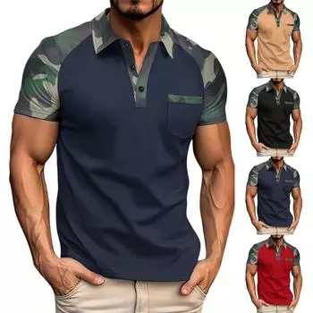 Мужская летняя камуфляжная футболка с короткими рукавами и цветными блоками, с воротником и карманом, с коротким рукавом L хаки