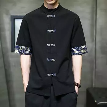 Мужская летняя китайская традиционная рубашка, повседневная льняная хлопковая рубашка с коротким рукавом
