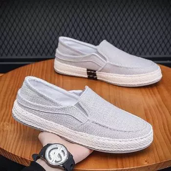 Мужская летняя льняная обувь для активного отдыха, нескользящая универсальная обувь для ленивых, модная обувь для рыбалки, повседневная легкая обувь на плоской подошве 39 чёрный