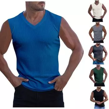 Мужская летняя майка в вертикальную полоску с v-образным вырезом, однотонная повседневная майка без рукавов, футболка, жилет XXXL бежевый