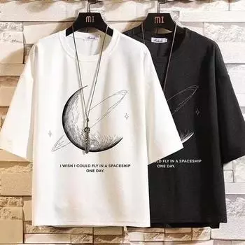 Мужская летняя мода с половиной рукавом и круглым вырезом с буквой Луна, большие размеры, свободные пуловеры, футболка, топ M белый
