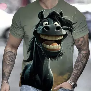 Мужская летняя модная футболка, 3D-цифровой мультяшный стиль, забавный рисунок лошади, круглый вырез и короткий рукав, повседневные топы для активного отдыха S