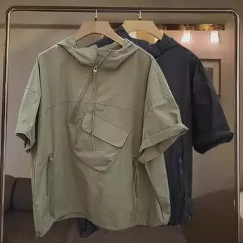 Мужская летняя модная однотонная толстовка с капюшоном на молнии с карманами – футболка свободного кроя с короткими рукавами XL
