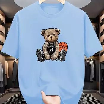 Мужская летняя модная повседневная футболка свободного кроя больших размеров из 100% чистого хлопка с принтом медведя для отдыха и спорта, с круглым вырезом и короткими рукавами 3XL
