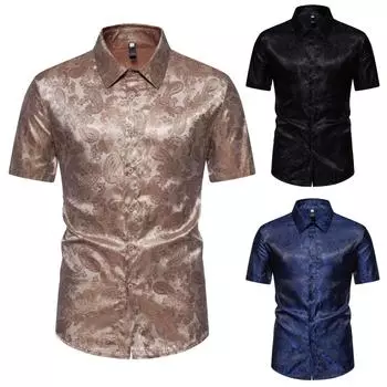 Мужская летняя модная повседневная рубашка с коротким рукавом и принтом кешью с лацканами для мужчин L чёрный