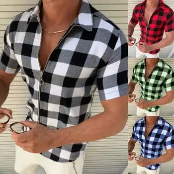 Мужская летняя модная рубашка в клетку с короткими рукавами и отворотом на молнии, деловая повседневная рубашка, топ S красный