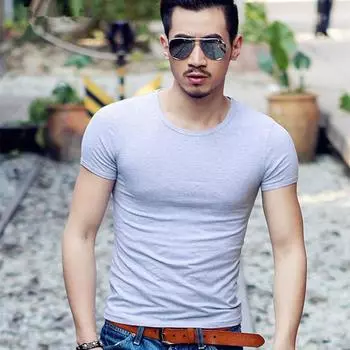 Мужская летняя модная тонкая хлопковая футболка с круглым вырезом для фитнеса M серый