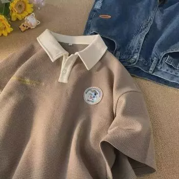 Мужская летняя модная вафельная футболка с коротким рукавом, гонконгский стиль, плотное поло в японском стиле для пар темно-коричневого