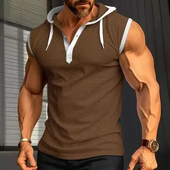 Мужская летняя новая футболка без рукавов для молодежи, повседневная свободная однотонная футболка с тонкими плечами, мужская майка с капюшоном, спортивная рубашка для фитнеса S чёрный