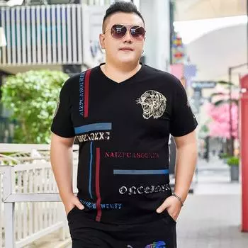 Мужская летняя новая футболка больших размеров с короткими рукавами Fat Man Oversized, свободная рубашка с половиной рукавов из ледяного шелка 2XL чёрный