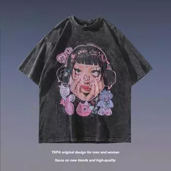 Мужская летняя новая футболка из чистого хлопка в американском стиле в стиле ретро с короткими рукавами и принтом в виде мультфильмов для мужчин и женщин S