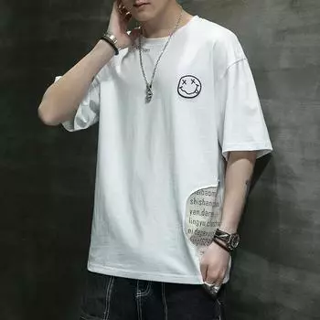 Мужская летняя новая футболка с короткими рукавами из чистого хлопка, корейская версия, модная базовая рубашка с улыбающимся лицом, универсальная мужская футболка с половиной рукавов M белый